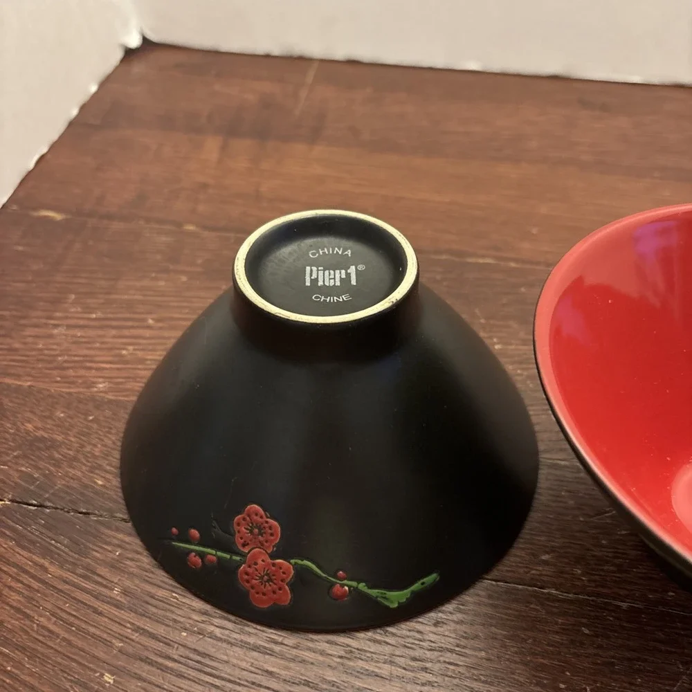 Pier 1 Matte Black Red Cherry Blossom Rice Bowls Set of 2 Ceramic Asian Style